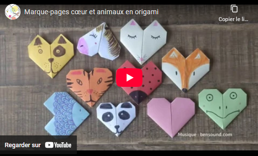 Capture d'écran de la vidéo  sur YouTube "Marque-pages coeur et animaux en origami"