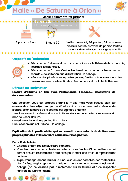 Fiche activité de la malle "De Saturne à Orion" publiée sur Calameo