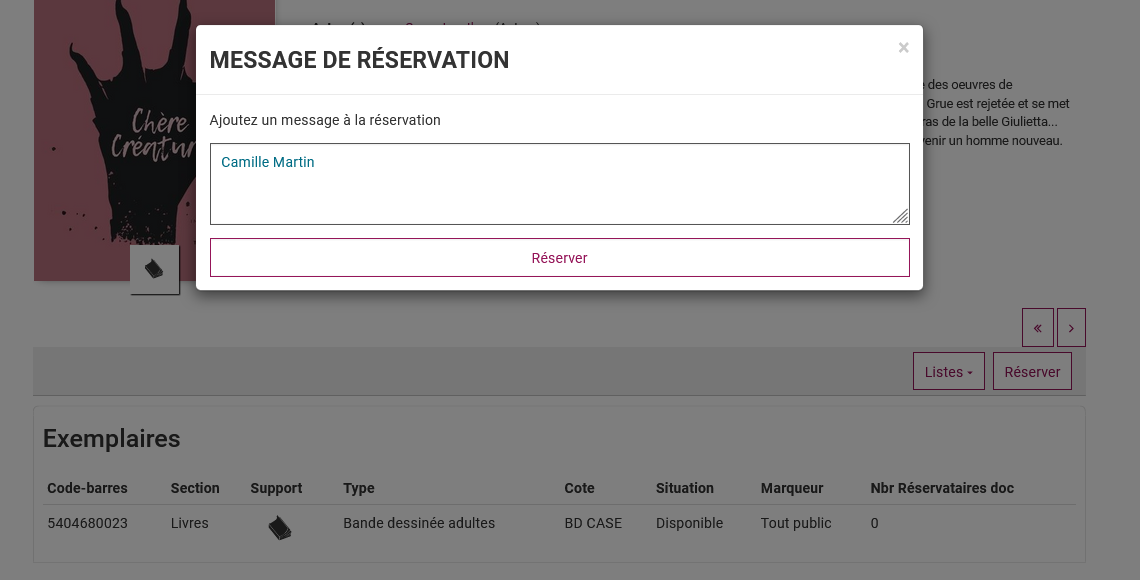 Pop-up permettant d'indiquer un message sur la réservation