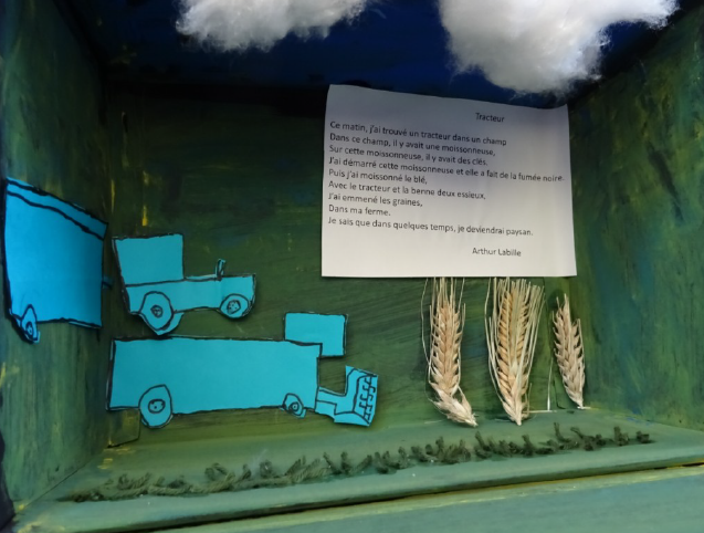 Goros plan sur une boîte + poème sur le thème des moissons et des activités agricoles